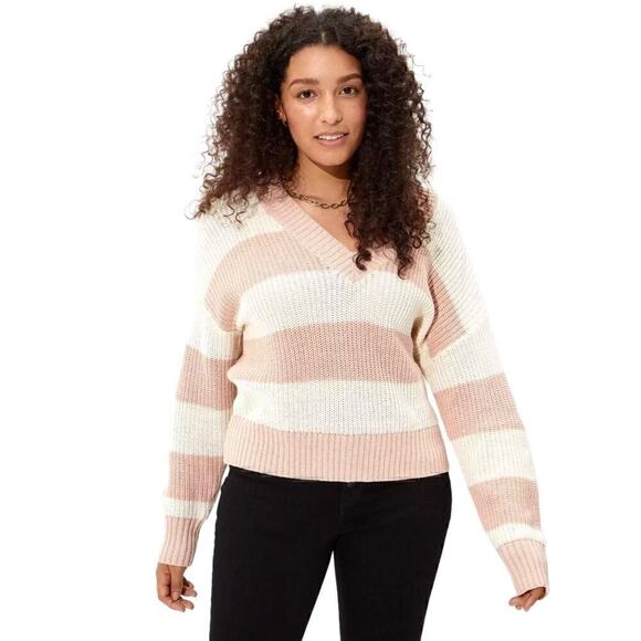 American Eagle Oversized Slouchy V Neck Pullover Striped Knit Sweater Size Small - Picture 1 of 6